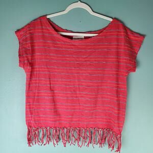 Denim & Supply RL Women's Red Striped Fringe Short Sleeve Top Size Medium